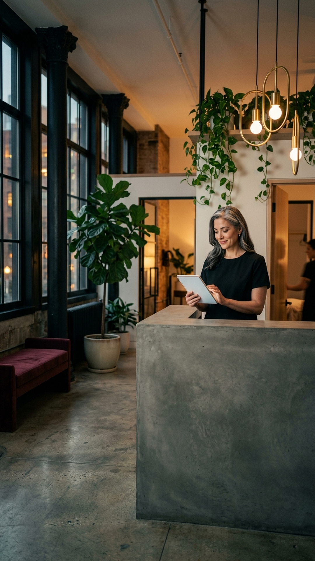 Clip 3 variant — SoHo loft-modern front desk